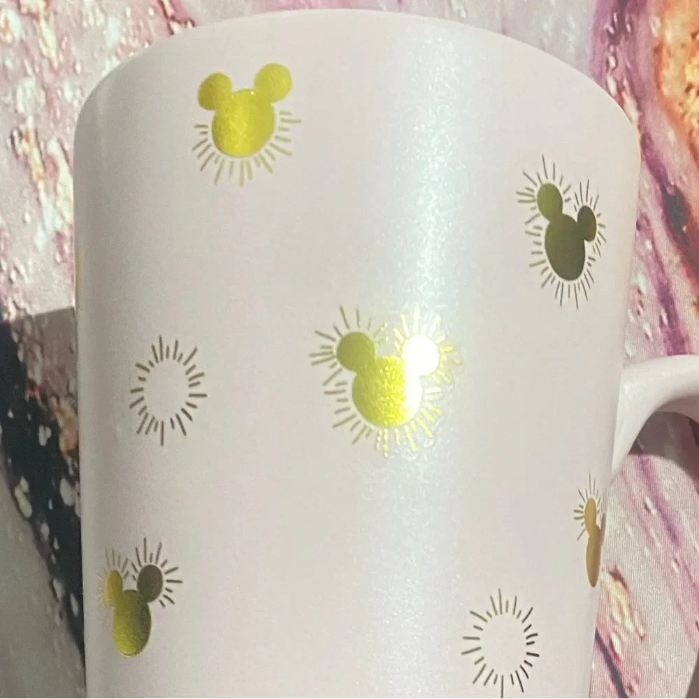NWT Disney Mickey Mouse Gold Icon Light‎ Pink 16 oz Ceramic Travel Coffee…